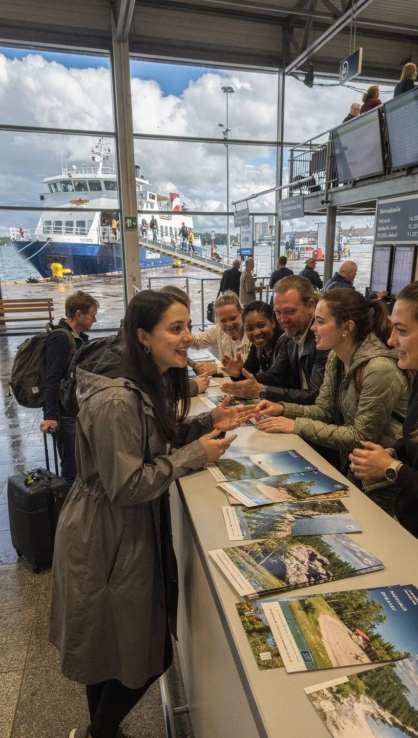 Rändur jalutab mööda kivist rannikut, taustal on sinine meri ja kaugel paistvad saared.