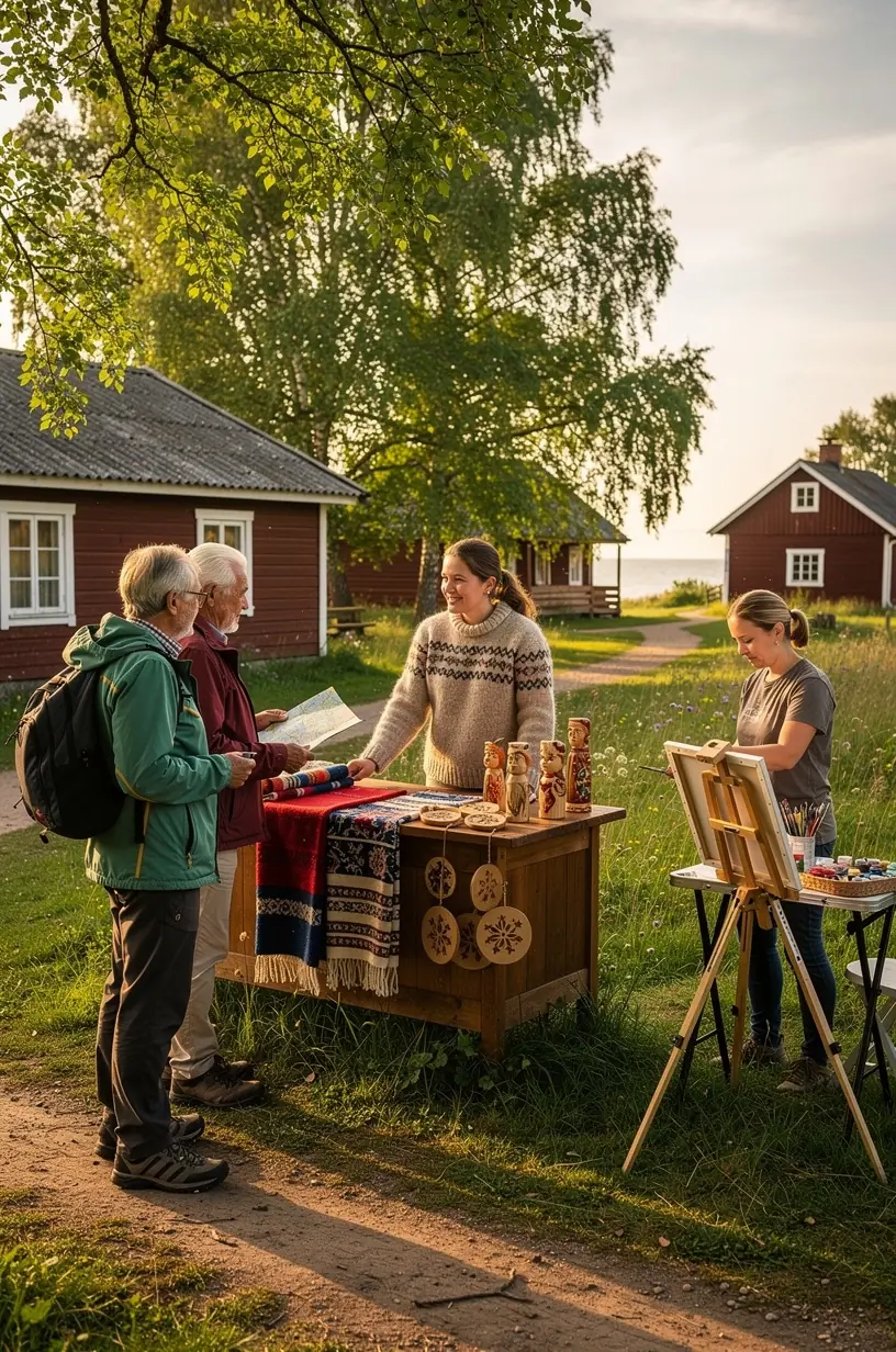 Teeninduslaud, kus on väljas infotahvlid ja brošüürid saartevaheliste reiside ning tegevuste kohta.